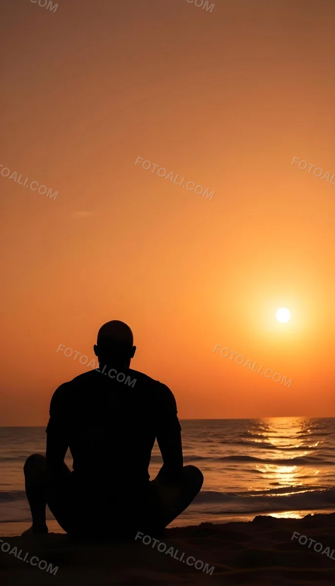 Silhouette Of A Black Man 30 Years Old Bald Contemplating The Sunset On The Beach Orange Sky Dark Ocean 31 0d20