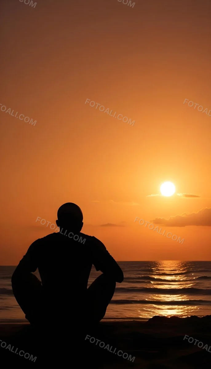 Silhouette Of A Black Man 30 Years Old Bald Contemplating The Sunset On The Beach Orange Sky Dark Ocean 35 A488