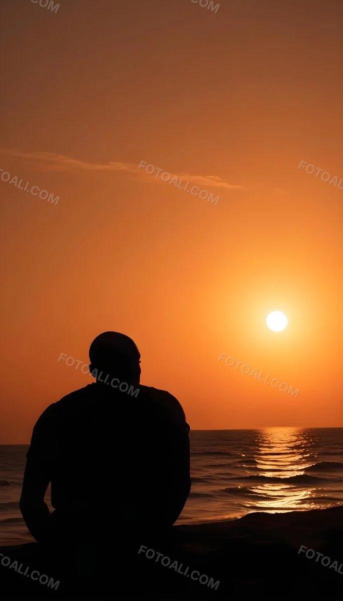 Silhouette Of A Black Man 30 Years Old Bald Contemplating The Sunset On The Beach Orange Sky Dark Ocean 36 Fcbb
