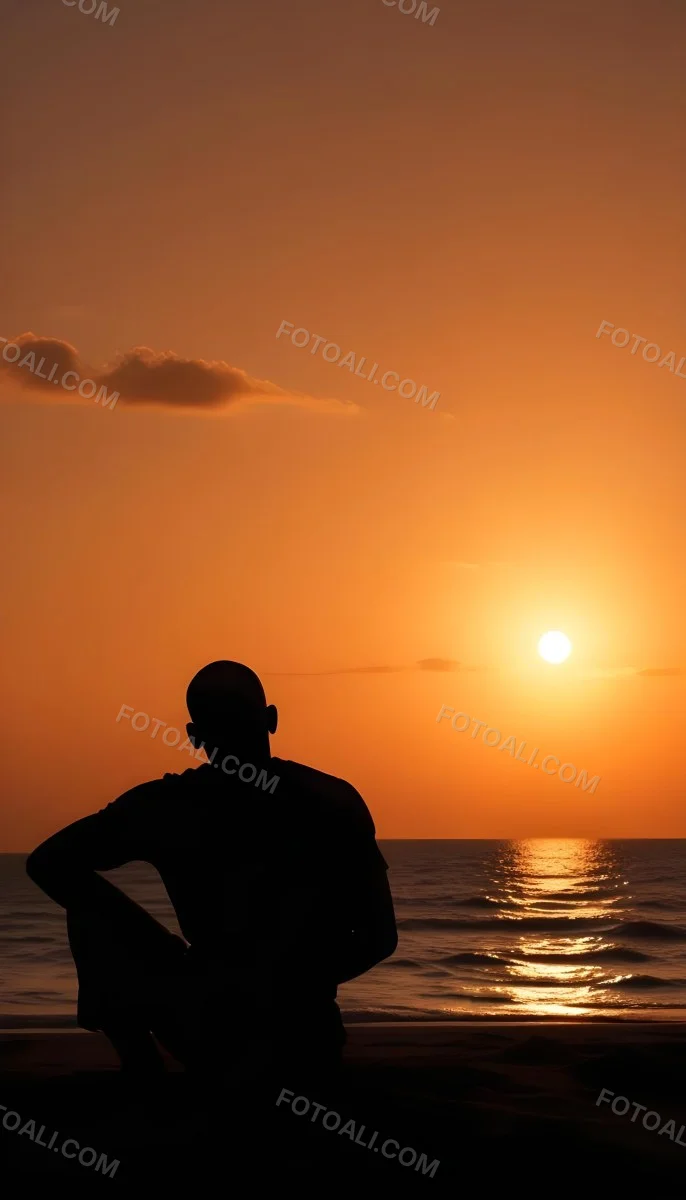 Silhouette Of A Black Man 30 Years Old Bald Contemplating The Sunset On The Beach Orange Sky Dark Ocean 37 260f