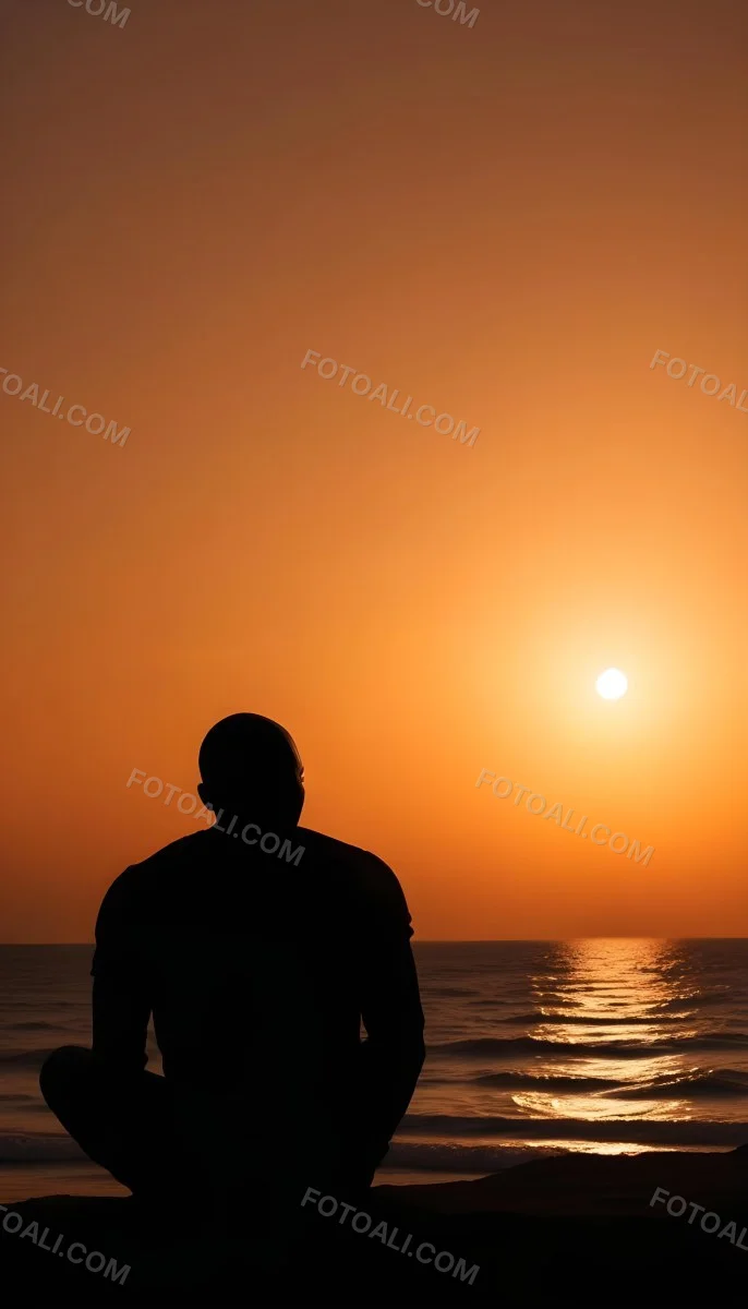 Silhouette Of A Black Man 30 Years Old Bald Contemplating The Sunset On The Beach Orange Sky Dark Ocean 38 E9f8