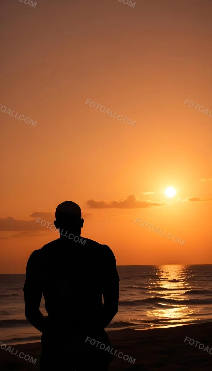 Silhouette Of A Black Man 30 Years Old Bald Contemplating The Sunset On The Beach Orange Sky Dark Ocean 5 3b01