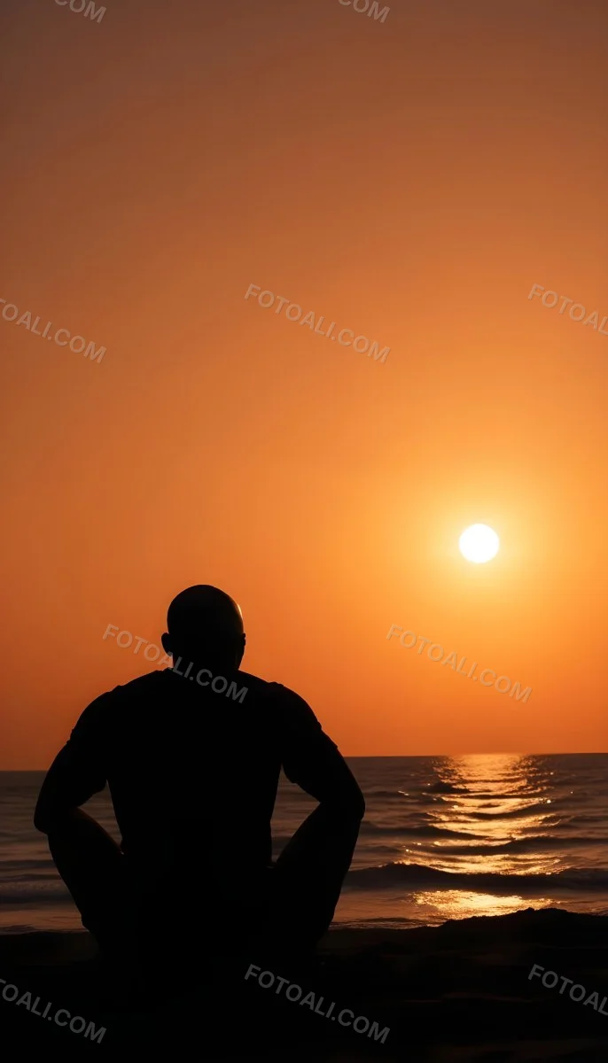 Silhouette Of A Black Man 30 Years Old Bald Contemplating The Sunset On The Beach Orange Sky Dark Ocean 8 51f4