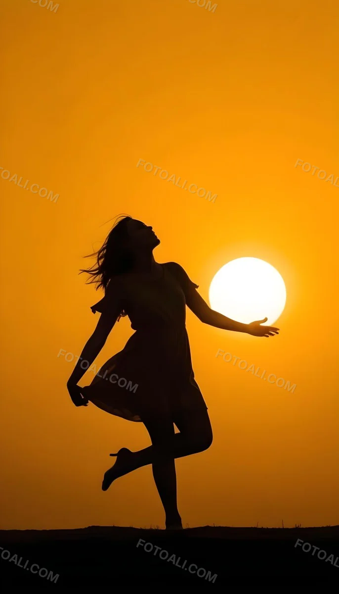 Silhouette Of A Caucasian Woman 22 Years Old Holding The Sun With Her Right Hand In A Yellow Background 11 7cda