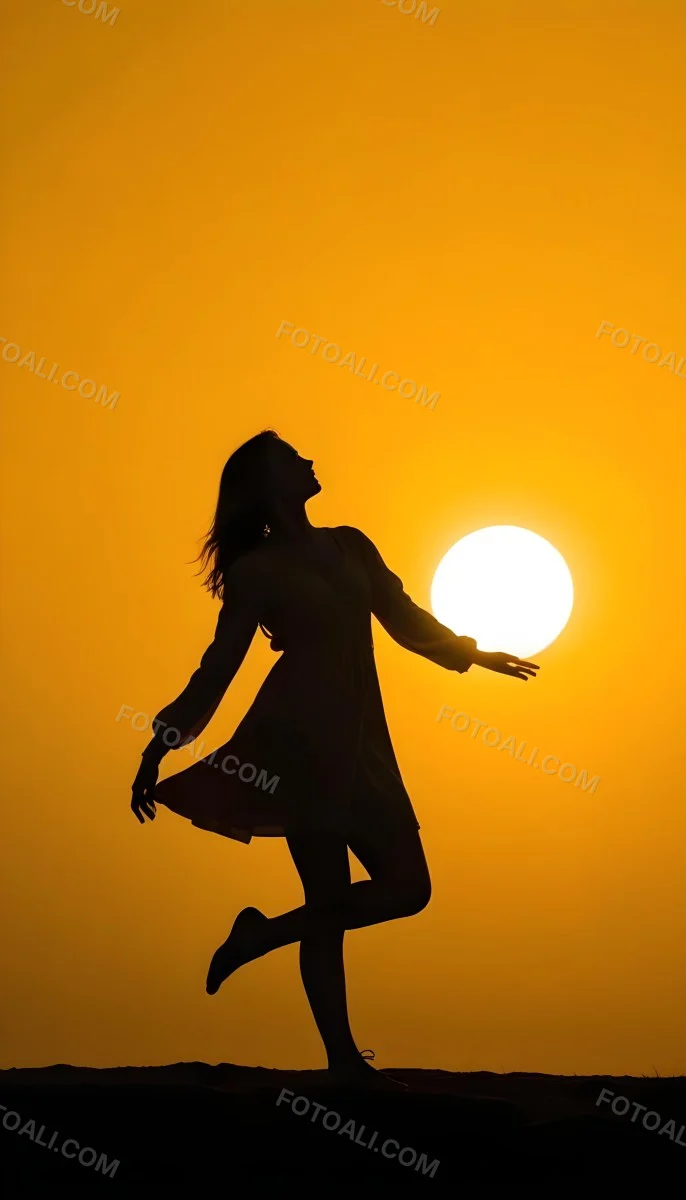 Silhouette Of A Caucasian Woman 22 Years Old Holding The Sun With Her Right Hand In A Yellow Background 12 7abd