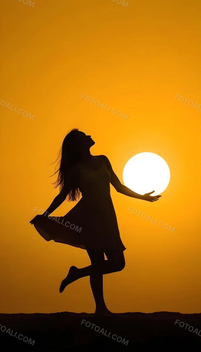 Silhouette Of A Caucasian Woman 22 Years Old Holding The Sun With Her Right Hand In A Yellow Background 13 731f