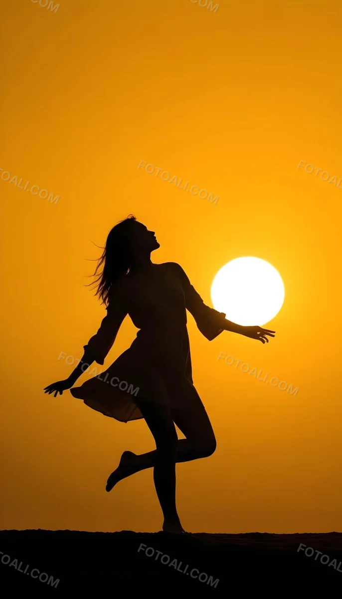 Silhouette Of A Caucasian Woman 22 Years Old Holding The Sun With Her Right Hand In A Yellow Background 15 E4c8
