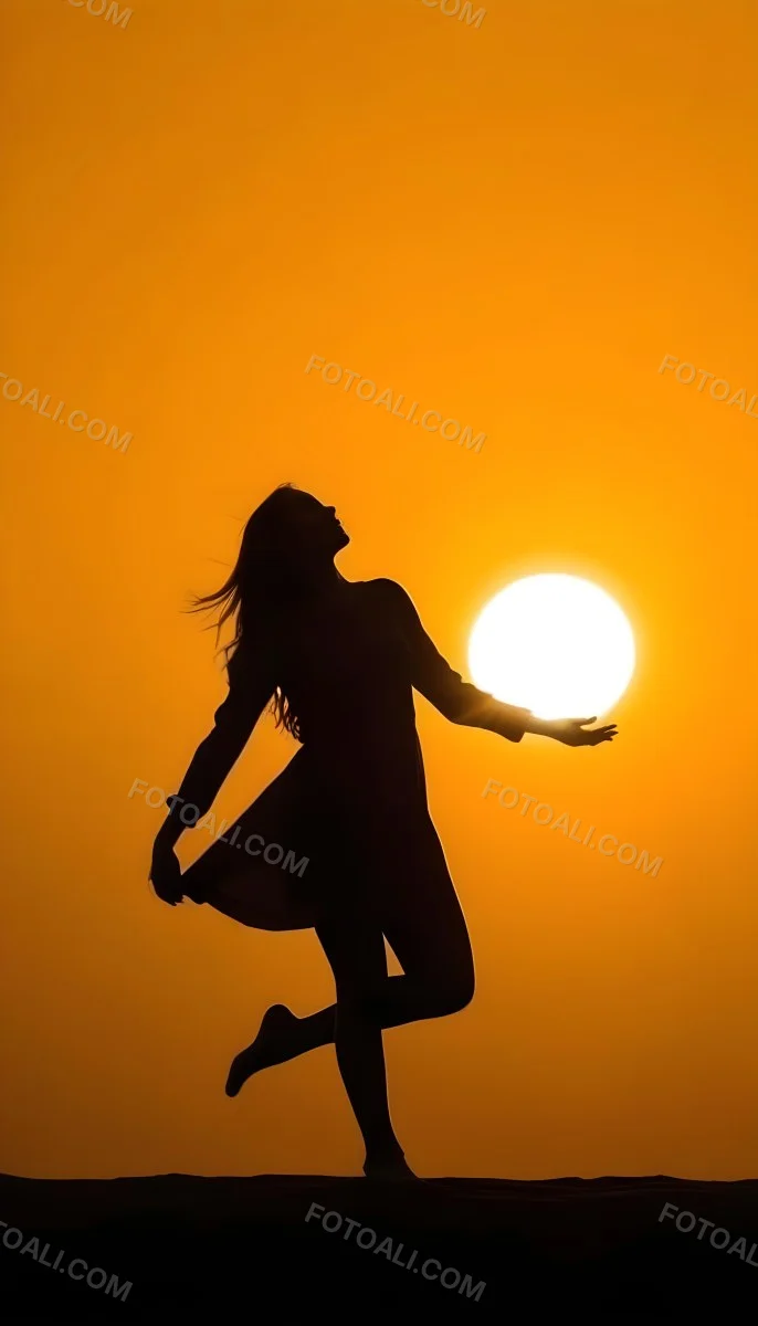 Silhouette Of A Caucasian Woman 22 Years Old Holding The Sun With Her Right Hand In A Yellow Background 4 D918