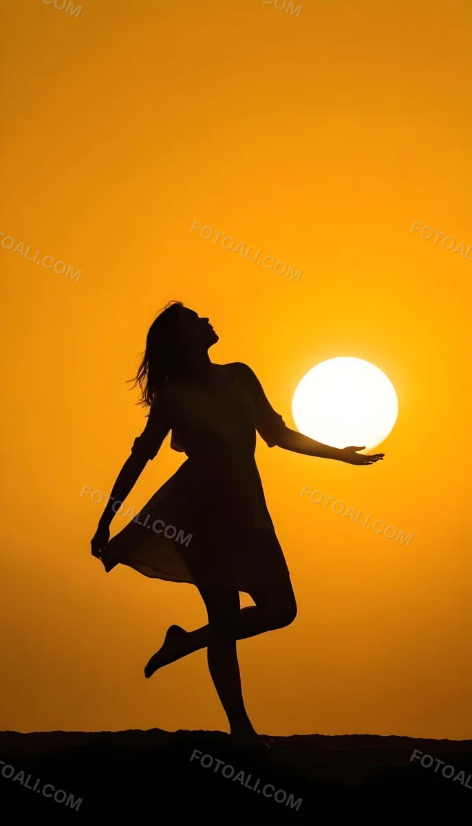 Silhouette Of A Caucasian Woman 22 Years Old Holding The Sun With Her Right Hand In A Yellow Background 6 Ab88