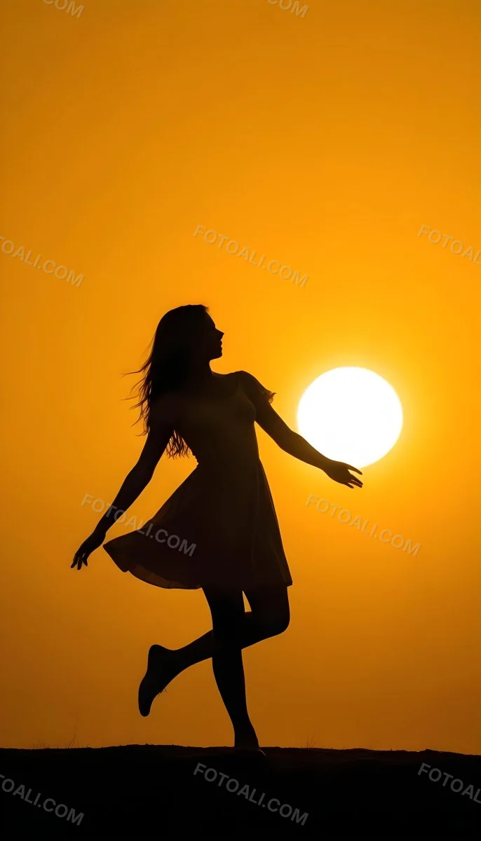 Silhouette Of A Caucasian Woman 22 Years Old Holding The Sun With Her Right Hand In A Yellow Background 7 0cd3