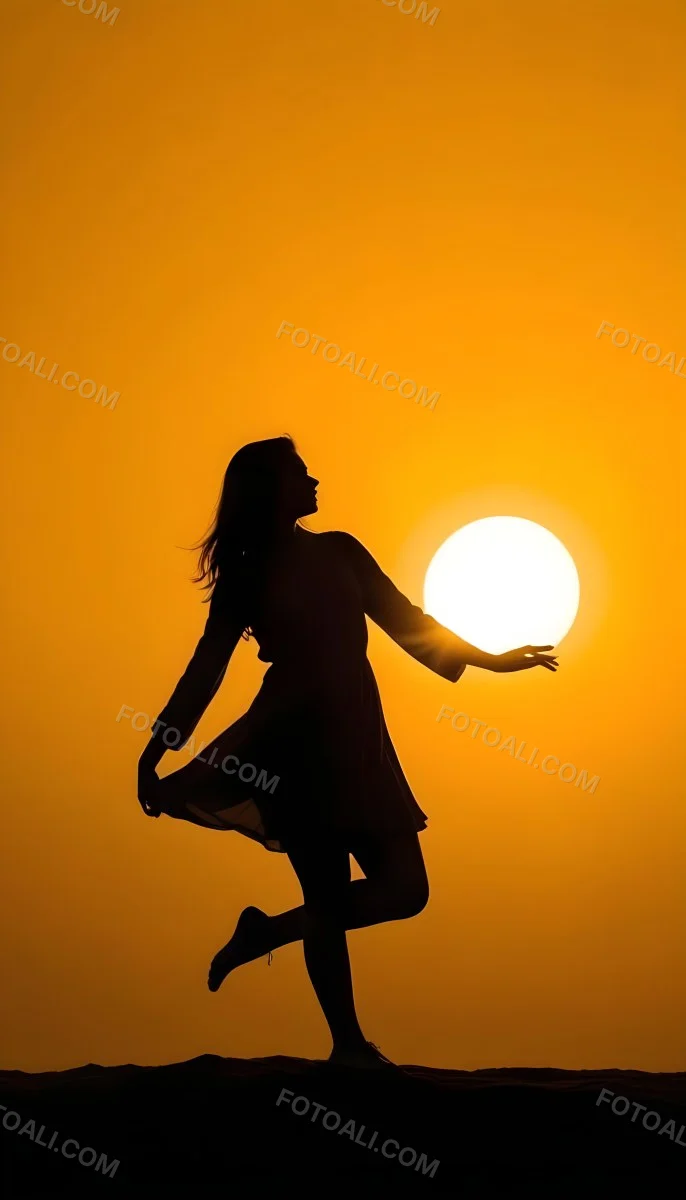 Silhouette Of A Caucasian Woman 22 Years Old Holding The Sun With Her Right Hand In A Yellow Background 8 9703