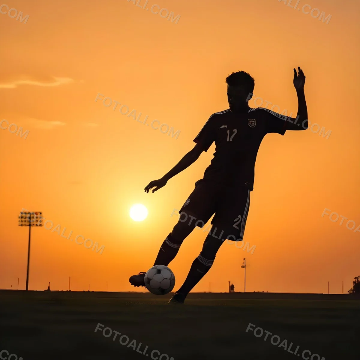 Silhouette Of A Soccer Player Kicking A Ball Dark Skin 25 Years Old Short Dark Hair Soccer Uniform In A Soccer Field With A Sunset In The Background 1 5bbc