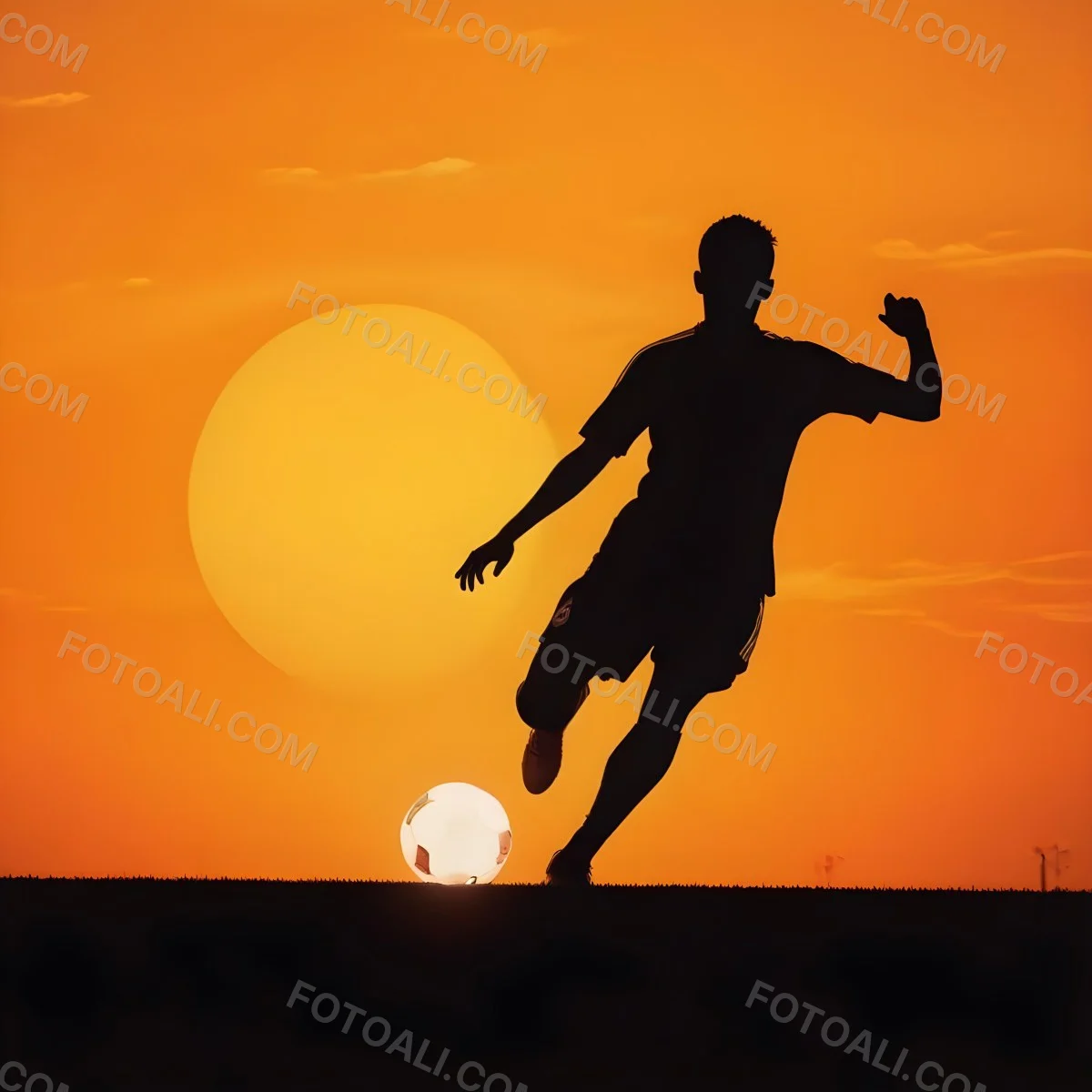Silhouette Of A Soccer Player Kicking A Ball Dark Skin 25 Years Old Short Dark Hair Soccer Uniform In A Soccer Field With A Sunset In The Background 12 169a