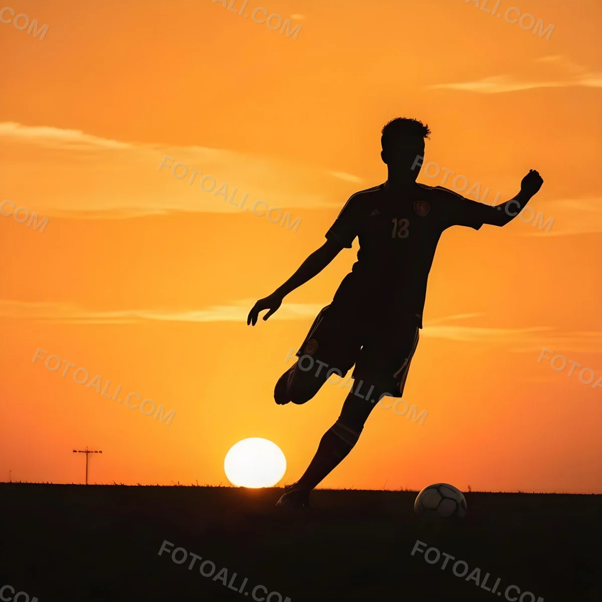 Silhouette Of A Soccer Player Kicking A Ball Dark Skin 25 Years Old Short Dark Hair Soccer Uniform In A Soccer Field With A Sunset In The Background 13 09fc