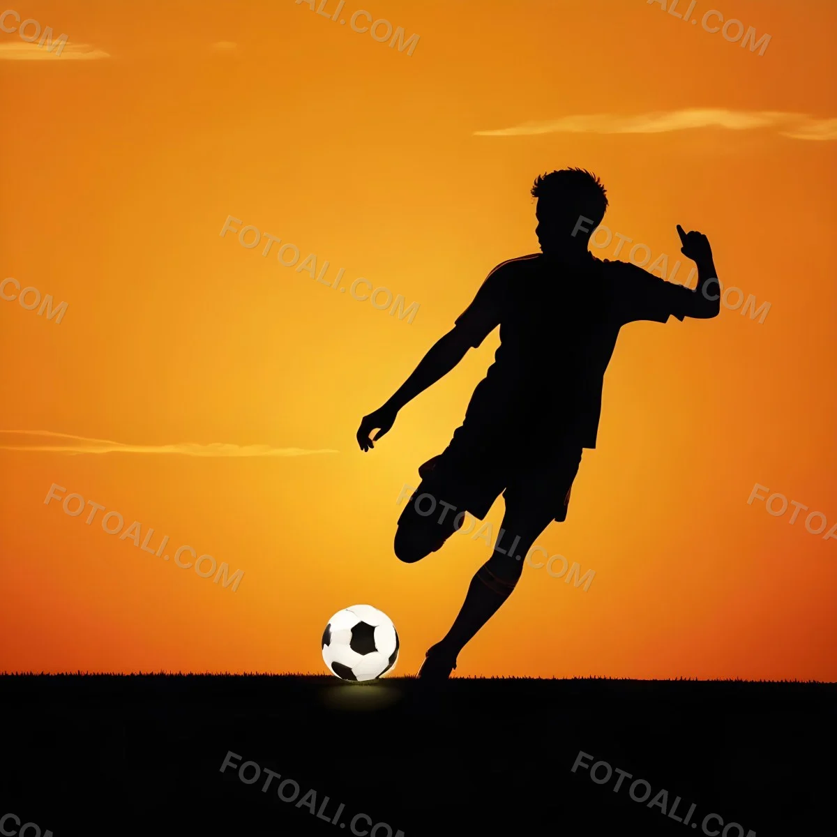 Silhouette Of A Soccer Player Kicking A Ball Dark Skin 25 Years Old Short Dark Hair Soccer Uniform In A Soccer Field With A Sunset In The Background 14 0fca
