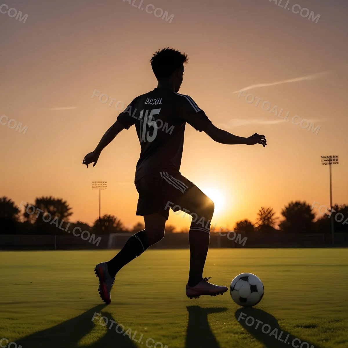 Silhouette Of A Soccer Player Kicking A Ball Dark Skin 25 Years Old Short Dark Hair Soccer Uniform In A Soccer Field With A Sunset In The Background 2 85b1