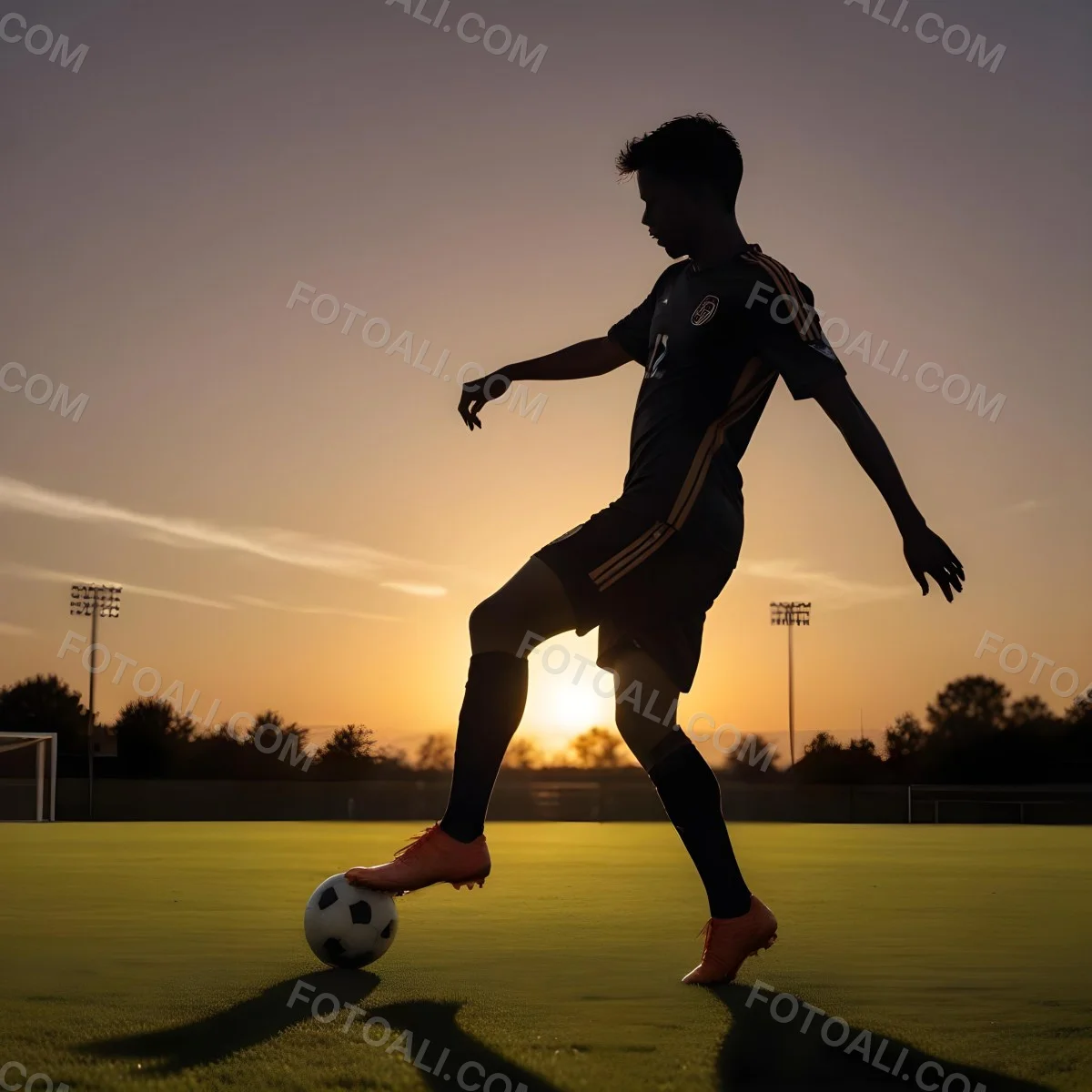 Silhouette Of A Soccer Player Kicking A Ball Dark Skin 25 Years Old Short Dark Hair Soccer Uniform In A Soccer Field With A Sunset In The Background 3 9197