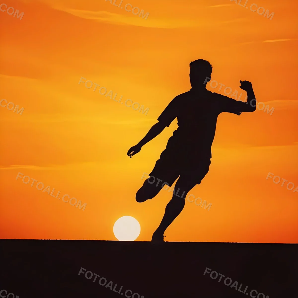 Silhouette Of A Soccer Player Kicking A Ball Dark Skin 25 Years Old Short Dark Hair Soccer Uniform In A Soccer Field With A Sunset In The Background 5 Adfd