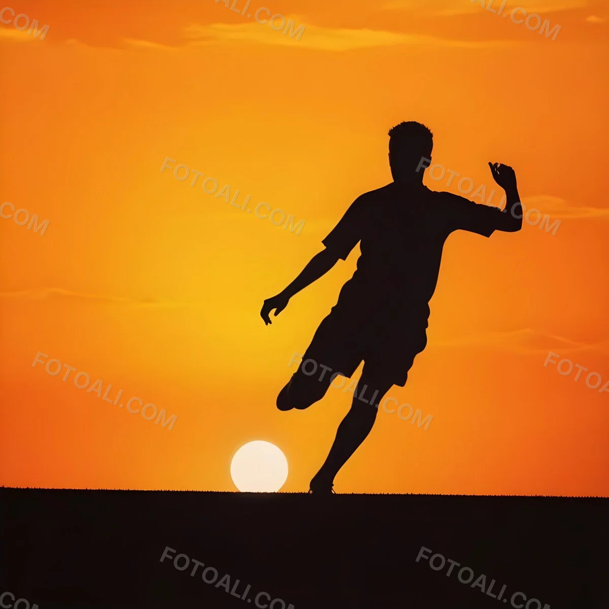 Silhouette Of A Soccer Player Kicking A Ball Dark Skin 25 Years Old Short Dark Hair Soccer Uniform In A Soccer Field With A Sunset In The Background 6 E7c0