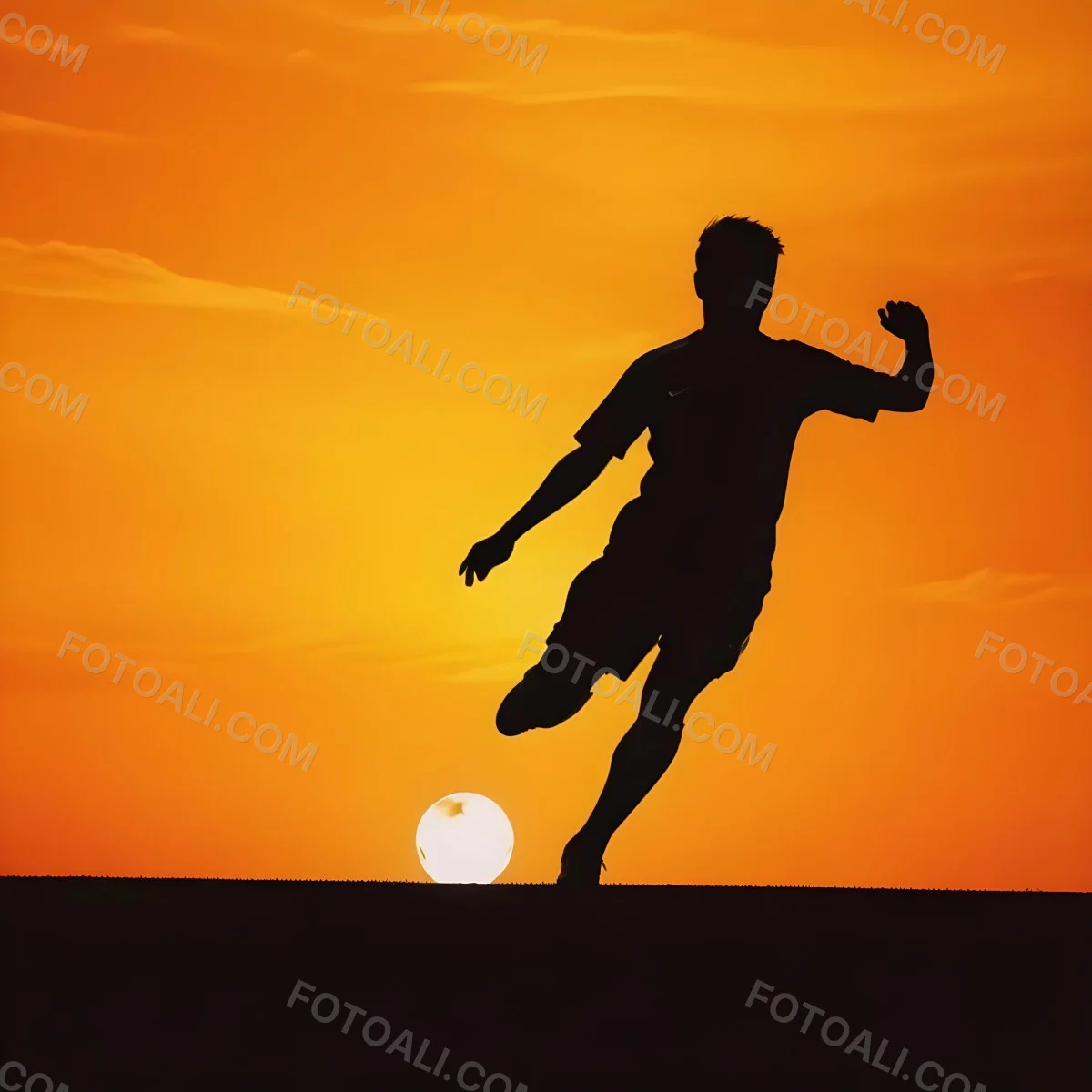 Silhouette Of A Soccer Player Kicking A Ball Dark Skin 25 Years Old Short Dark Hair Soccer Uniform In A Soccer Field With A Sunset In The Background 8 6a47