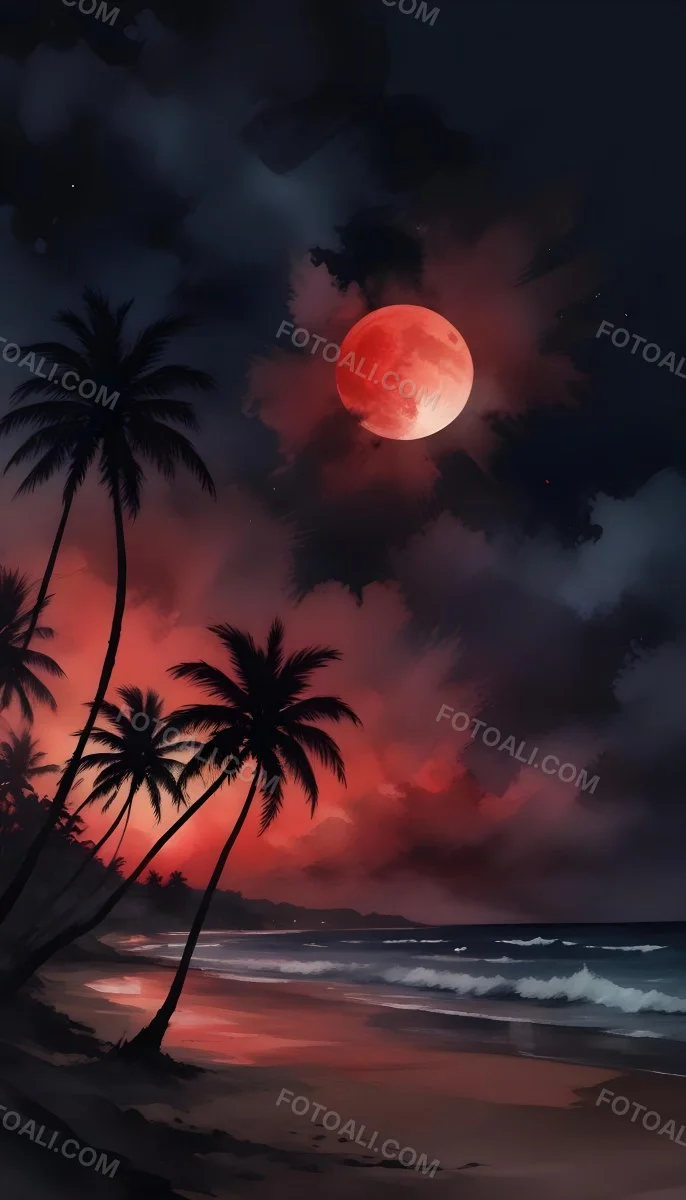 Silhouette Of Palm Trees On A Beach At Night With A Red Full Moon In The Sky Dark Clouds And Ocean Waves 1 A1ba