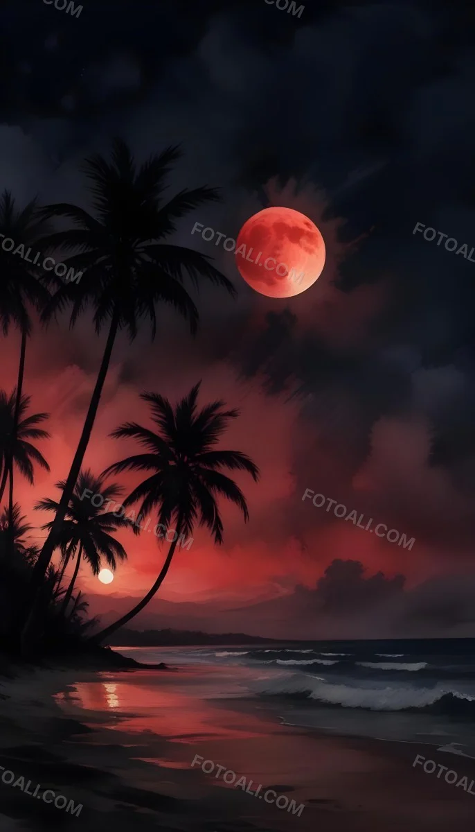 Silhouette Of Palm Trees On A Beach At Night With A Red Full Moon In The Sky Dark Clouds And Ocean Waves 13 41cb