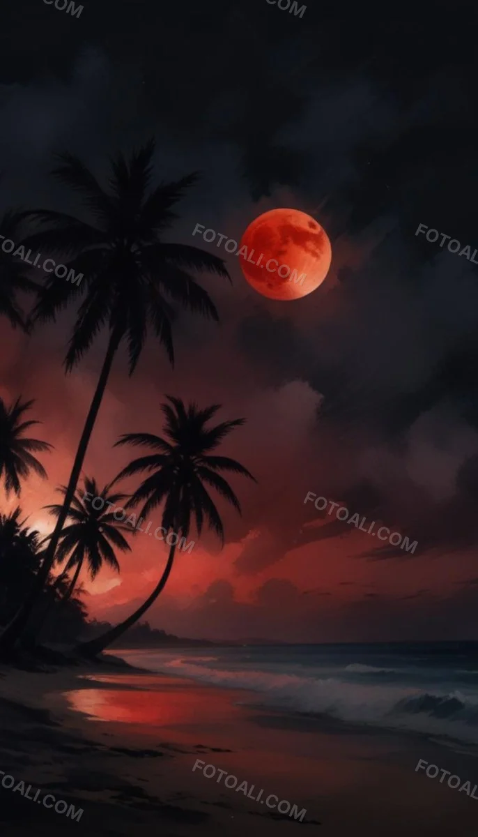 Silhouette Of Palm Trees On A Beach At Night With A Red Full Moon In The Sky Dark Clouds And Ocean Waves 23 7c9c