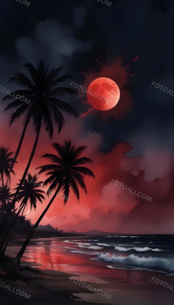 Silhouette Of Palm Trees On A Beach At Night With A Red Full Moon In The Sky Dark Clouds And Ocean Waves 26 98fa