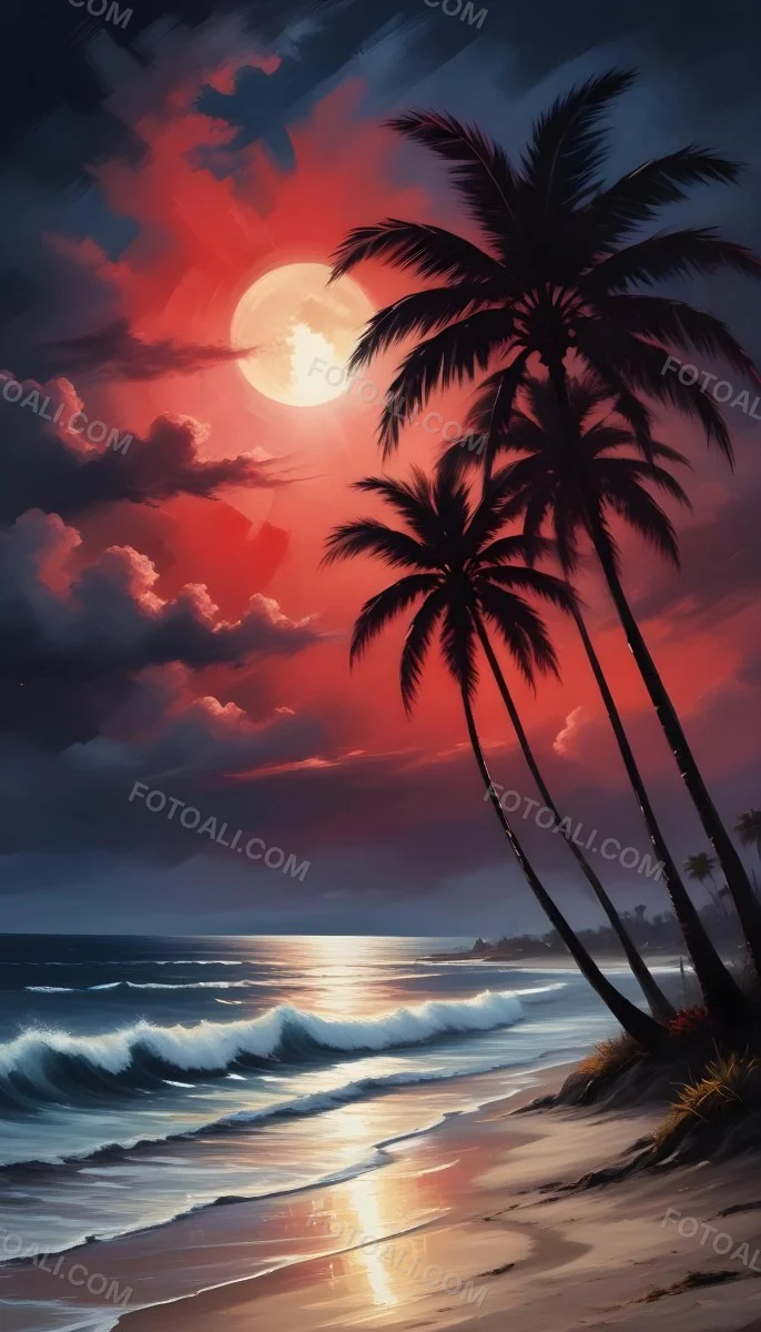 Silhouette Of Palm Trees On A Beach At Night With A Red Full Moon In The Sky Dark Clouds And Ocean Waves 3 1ac3
