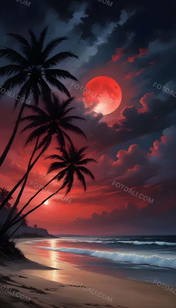 Silhouette Of Palm Trees On A Beach At Night With A Red Full Moon In The Sky Dark Clouds And Ocean Waves 4 317d