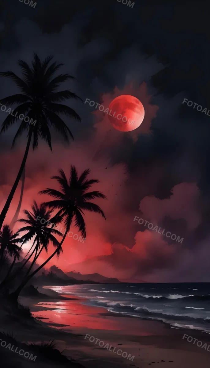 Silhouette Of Palm Trees On A Beach At Night With A Red Full Moon In The Sky Dark Clouds And Ocean Waves 4 D182