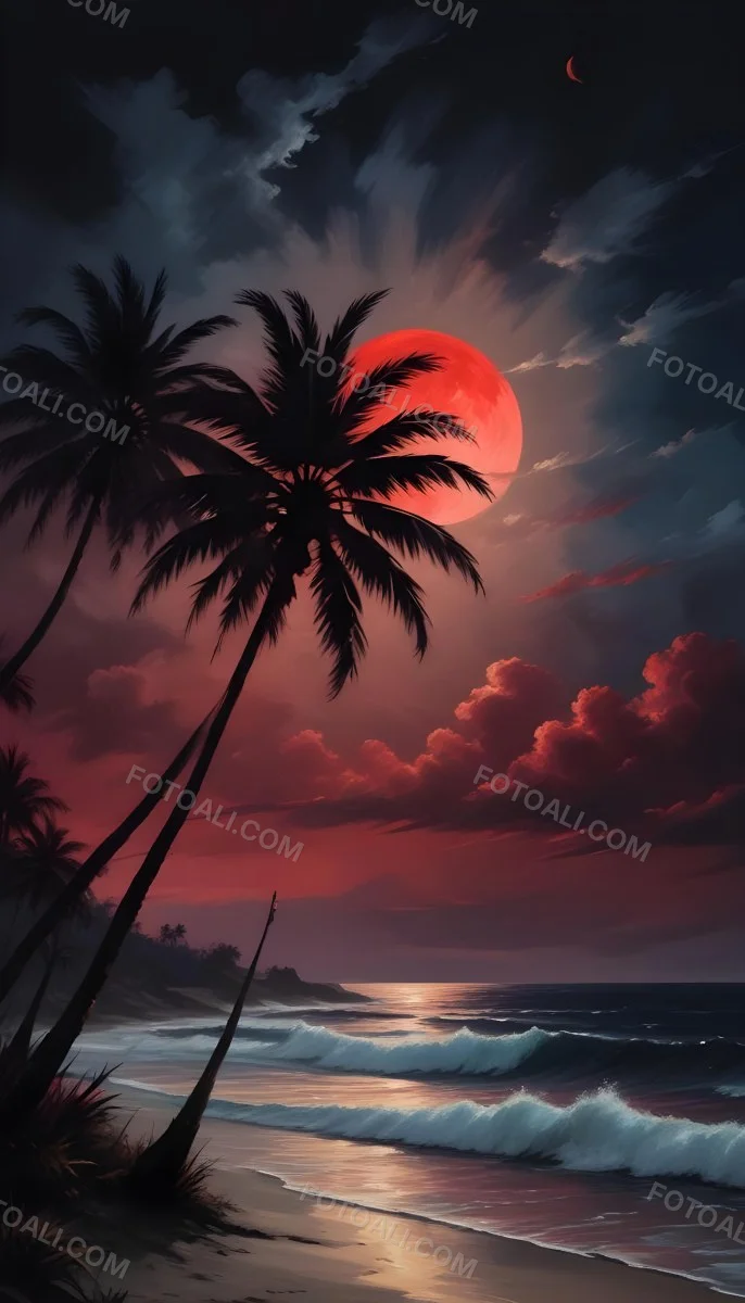 Silhouette Of Palm Trees On A Beach At Night With A Red Full Moon In The Sky Dark Clouds And Ocean Waves 5 D8a6