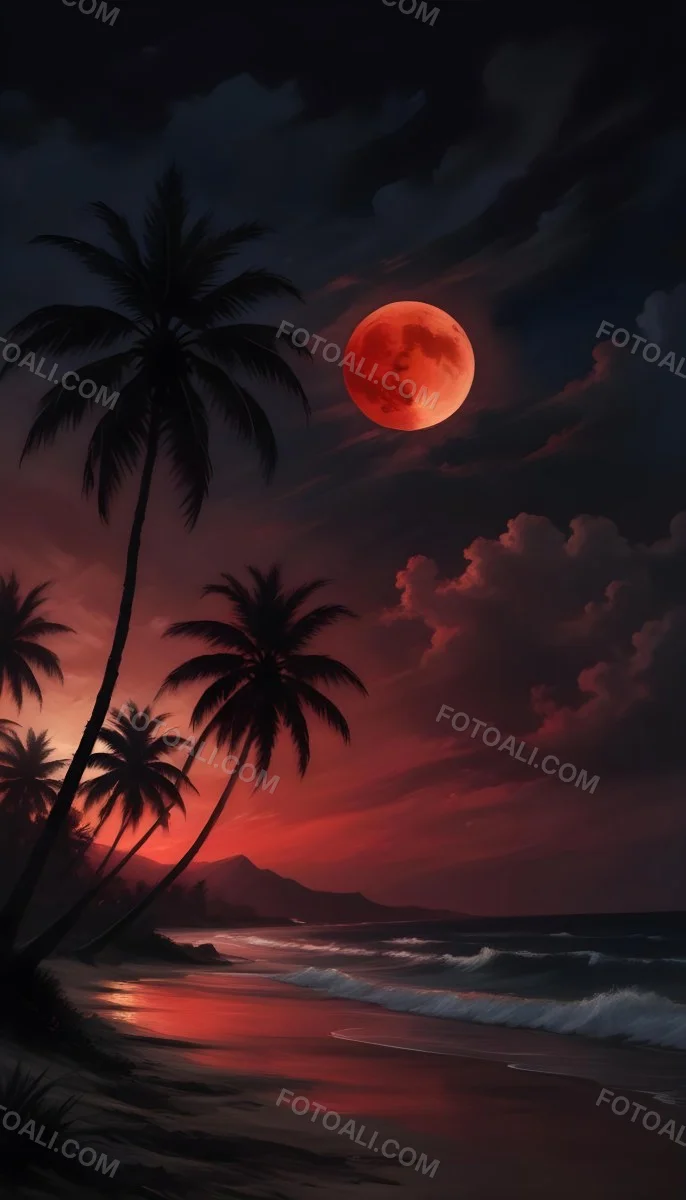 Silhouette Of Palm Trees On A Beach At Night With A Red Full Moon In The Sky Dark Clouds And Ocean Waves 6 Db9d