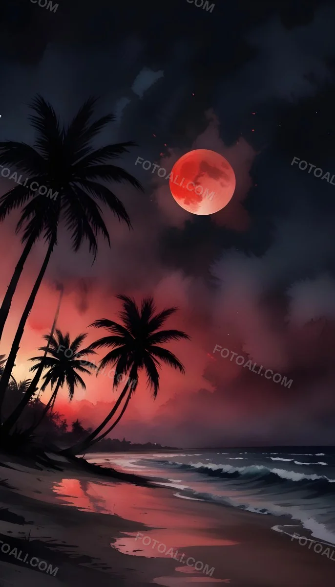 Silhouette Of Palm Trees On A Beach At Night With A Red Full Moon In The Sky Dark Clouds And Ocean Waves 7 7381