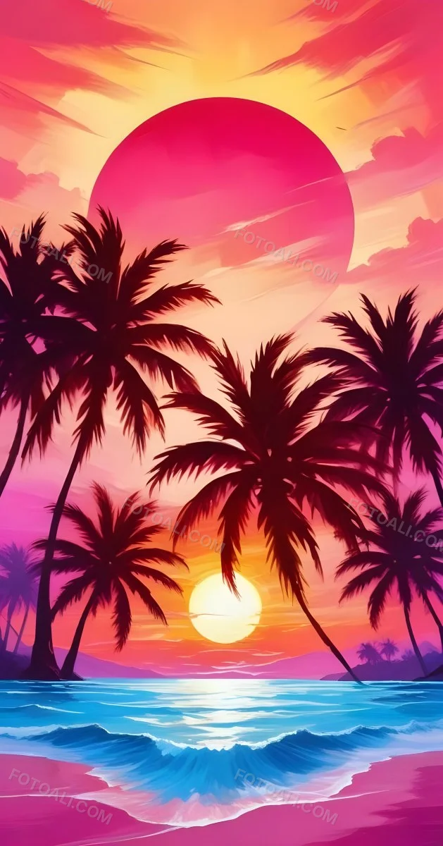 Silhouettes Of Palm Trees Against A Vibrant Pink And Orange Sunset Sky 177 6b14