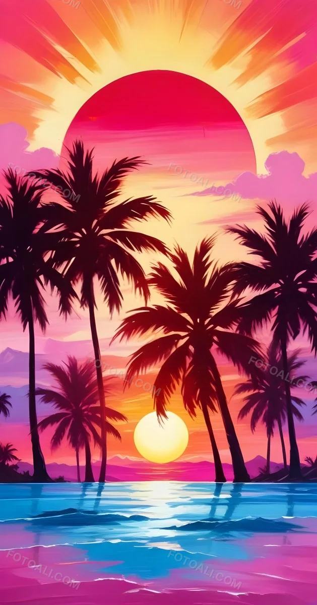Silhouettes Of Palm Trees Against A Vibrant Pink And Orange Sunset Sky 228 6856