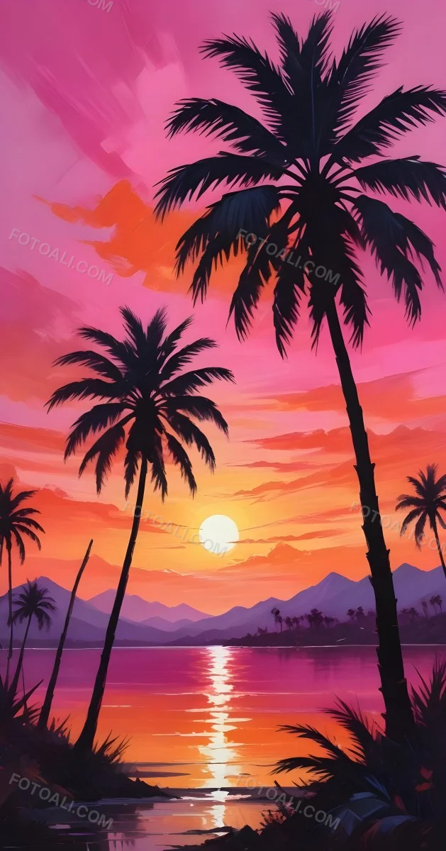 Silhouettes Of Palm Trees Against A Vibrant Pink And Orange Sunset Sky 249 4cde