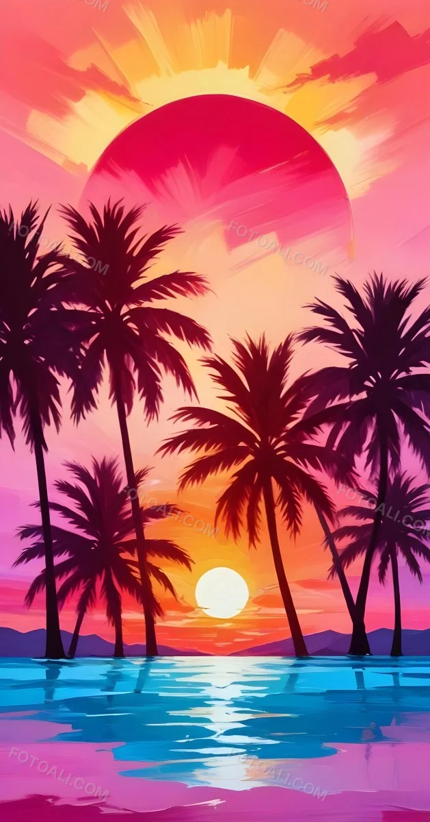 Silhouettes Of Palm Trees Against A Vibrant Pink And Orange Sunset Sky 262 5299