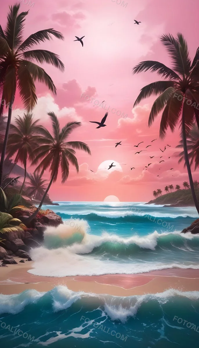 Silhouettes Of Palm Trees Against A Vibrant Pink And Orange Sunset Sky 438 7a72