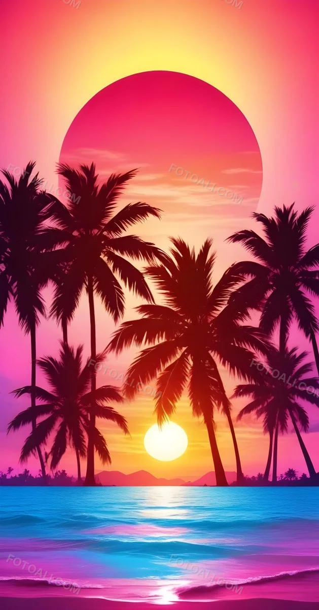 Silhouettes Of Palm Trees Against A Vibrant Pink And Orange Sunset Sky 6 3dfb