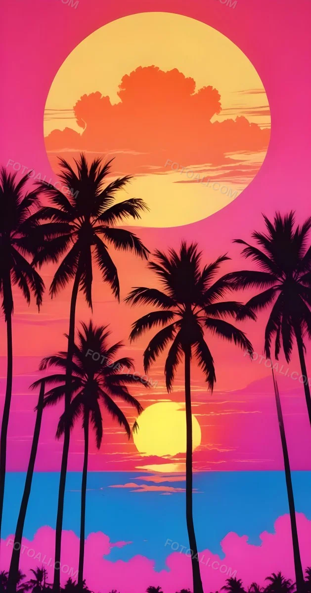 Silhouettes Of Palm Trees Against A Vibrant Pink And Orange Sunset Sky 609 6907