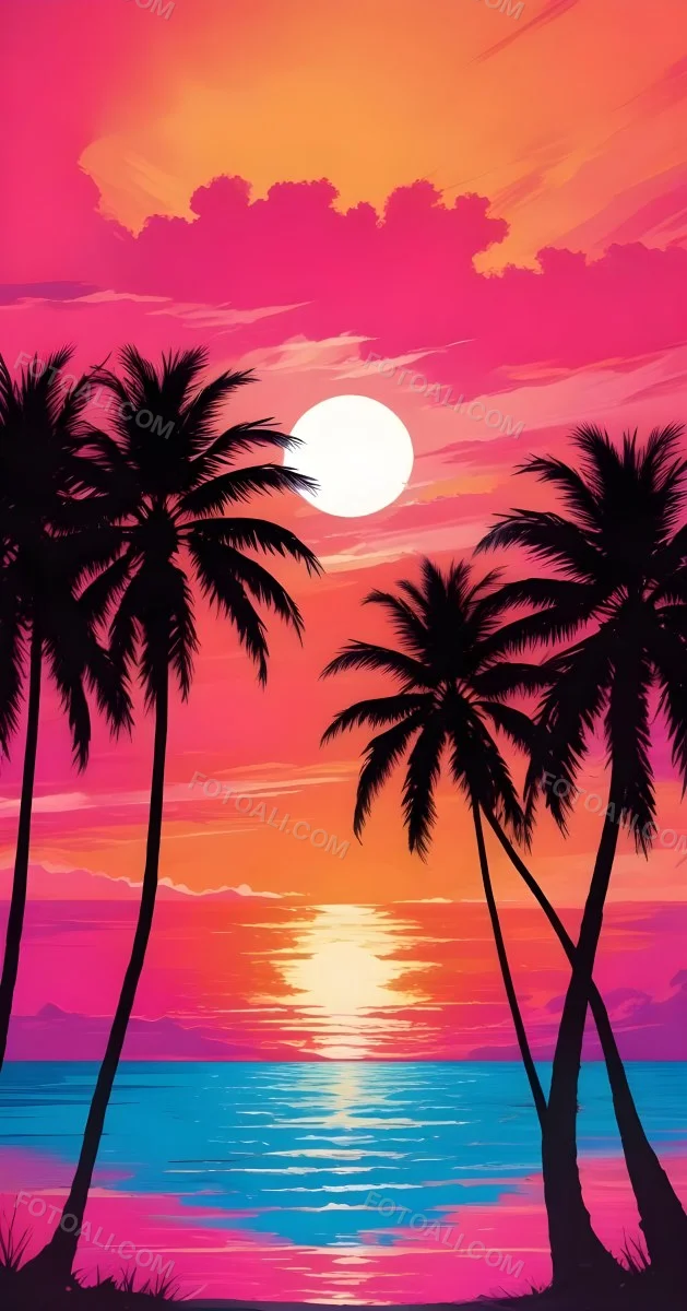 Silhouettes Of Palm Trees Against A Vibrant Pink And Orange Sunset Sky 74 F320