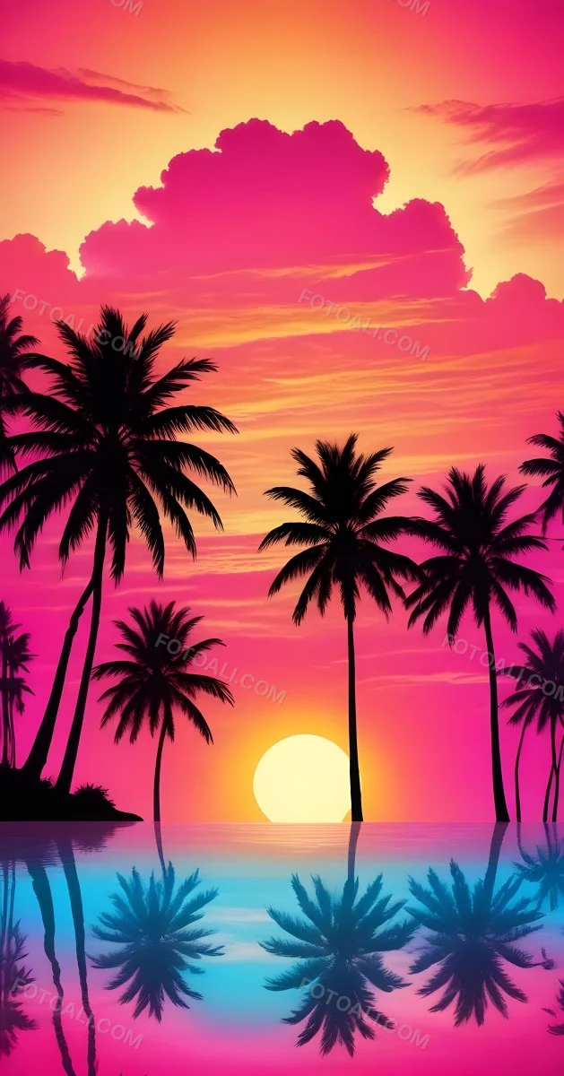 Silhouettes Of Palm Trees Against A Vibrant Pink And Orange Sunset Sky 76 6eec