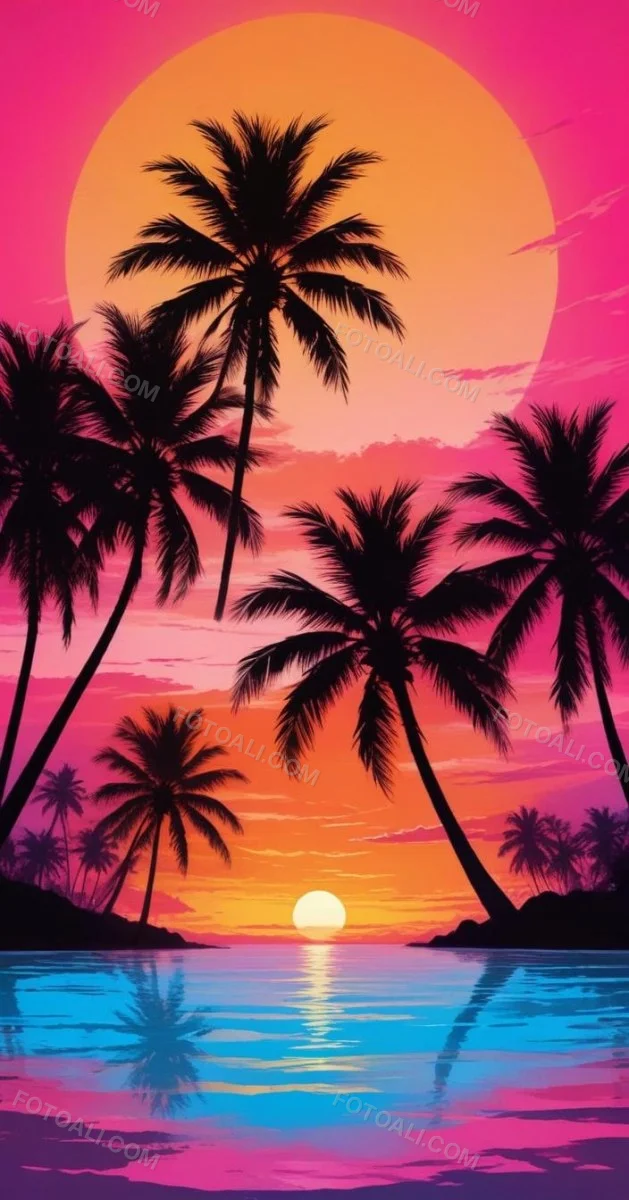 Silhouettes Of Palm Trees Against A Vibrant Pink And Orange Sunset Sky 96 B38a