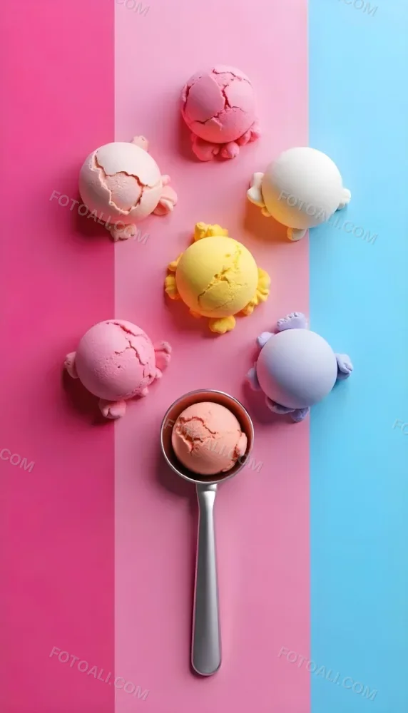 Six Ice Cream Scoops Of Different Colors Pink Pink Pink Pink And Pink On A Pink And Blue Background 14 8048