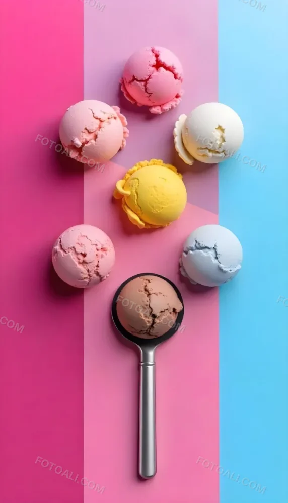 Six Ice Cream Scoops Of Different Colors Pink Pink Pink Pink And Pink On A Pink And Blue Background 18 6cfc