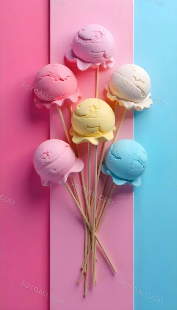 Six Ice Cream Scoops Of Different Colors Pink Pink Pink Pink And Pink On A Pink And Blue Background 32 2735