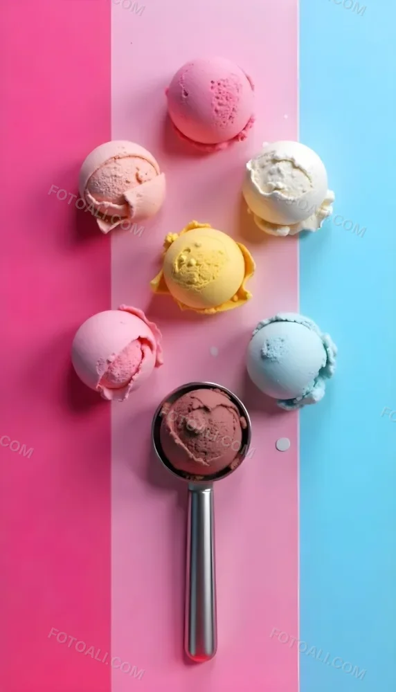 Six Ice Cream Scoops Of Different Colors Pink Pink Pink Pink And Pink On A Pink And Blue Background 36 E35d
