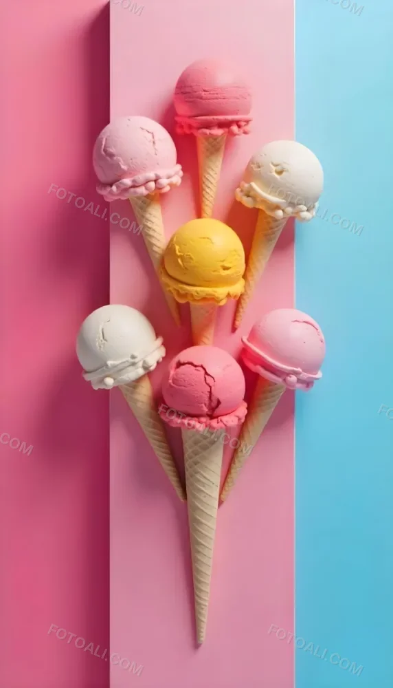 Six Ice Cream Scoops Of Different Colors Pink Pink Pink Pink And Pink On A Pink And Blue Background 56 B806