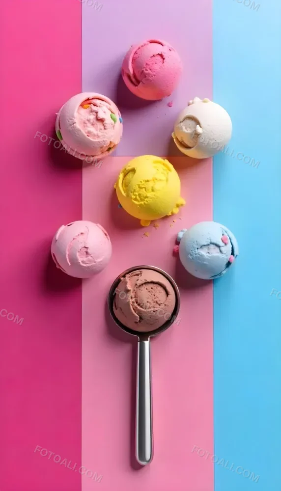 Six Ice Cream Scoops Of Different Colors Pink Pink Pink Pink And Pink On A Pink And Blue Background 8 E41d